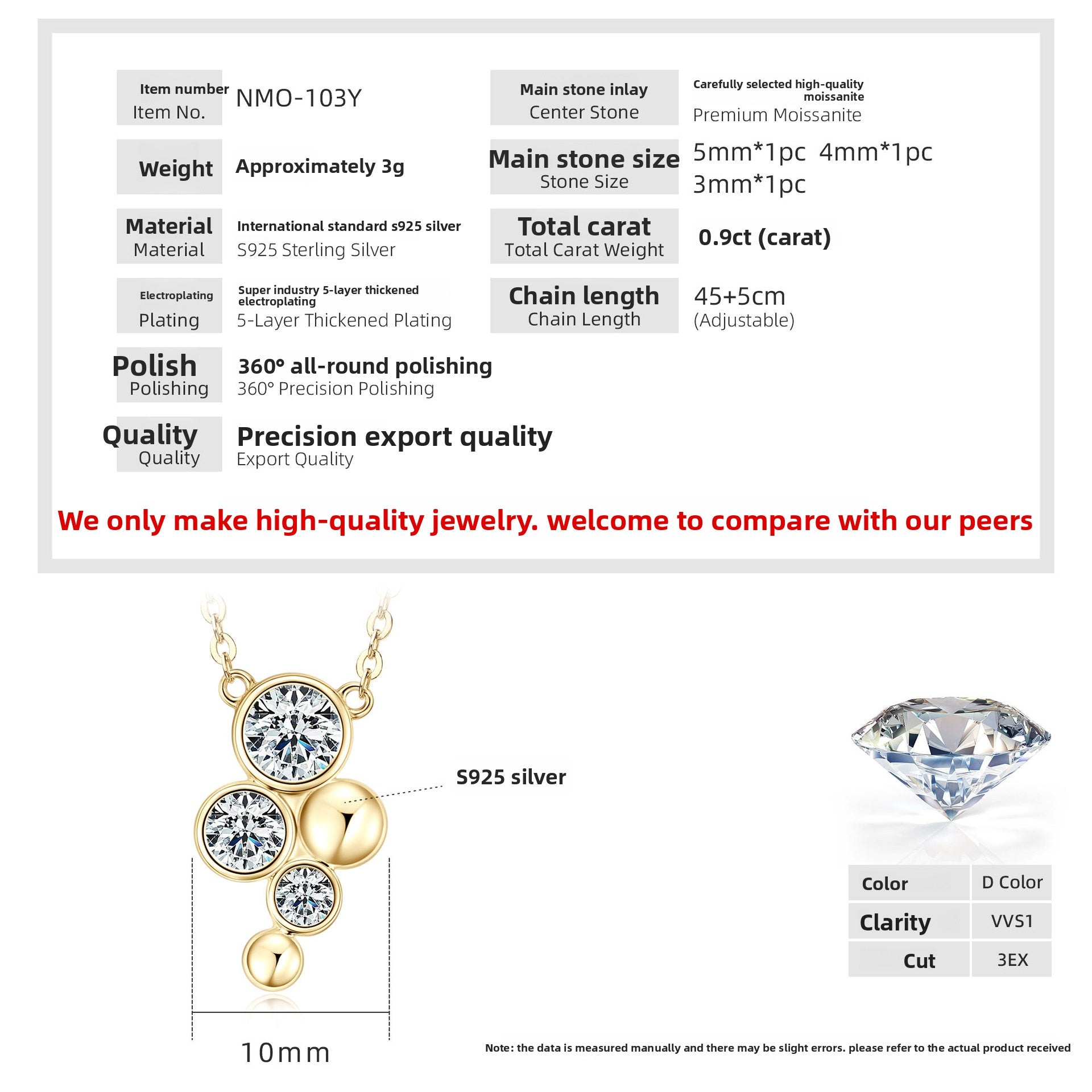 S925 Sterling Silver Moissanite Ingot Pendant Necklace