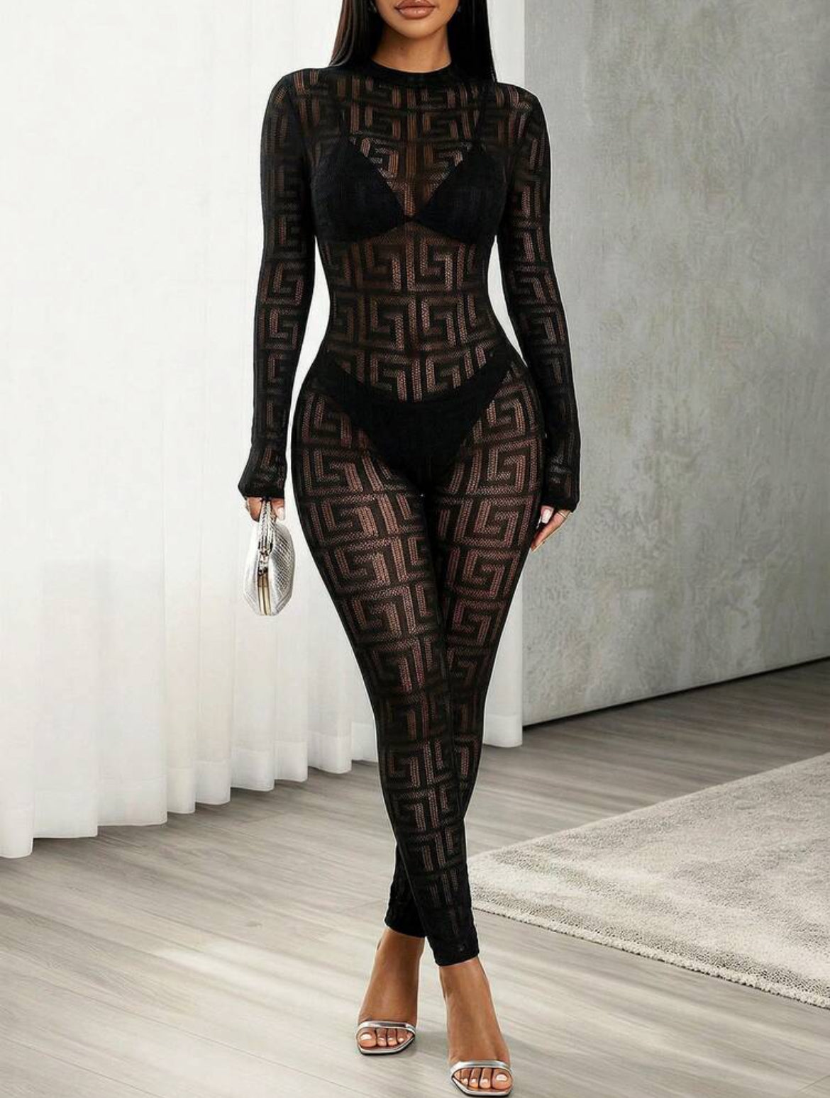 Black Greek Key Sheer Knit Jumpsuit