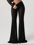 Black Lace Trim Sheer Mesh Flare Pants