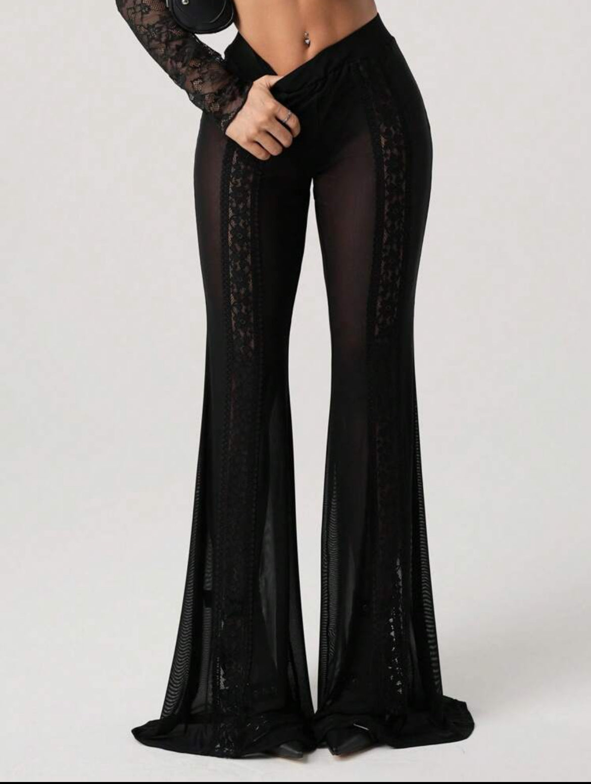 Black Lace Trim Sheer Mesh Flare Pants