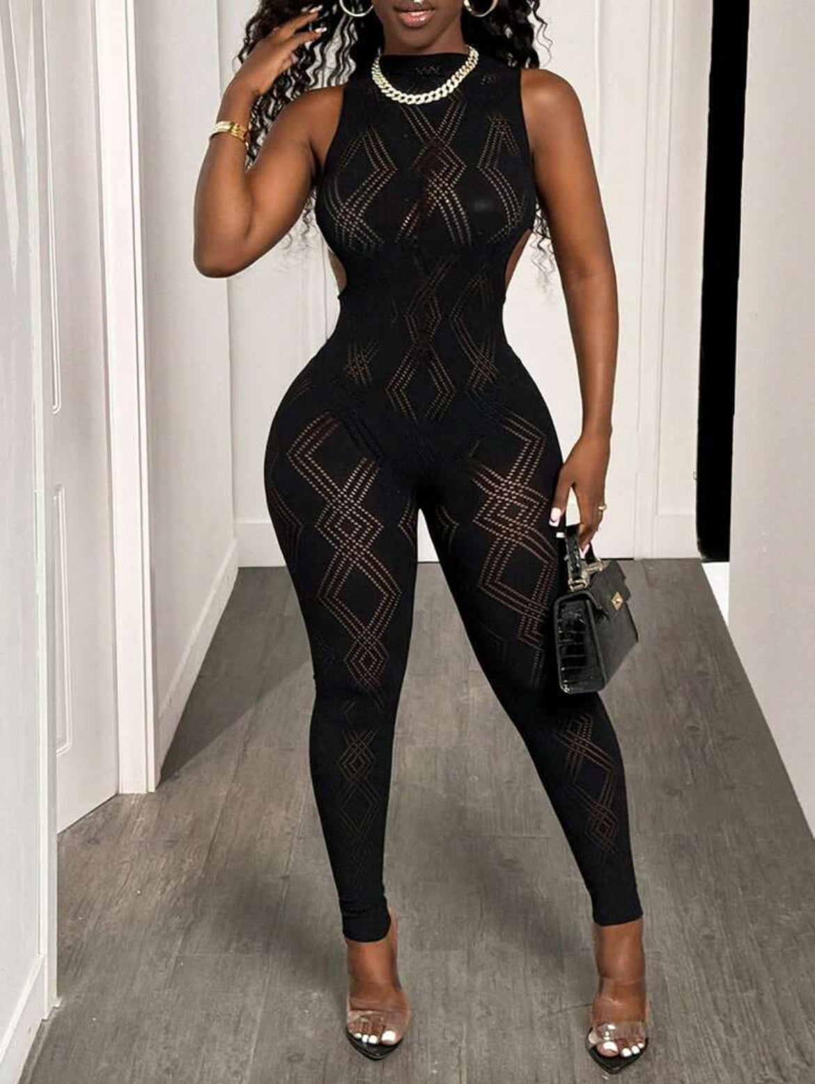 Black Diamond Knit Cutout Jumpsuit