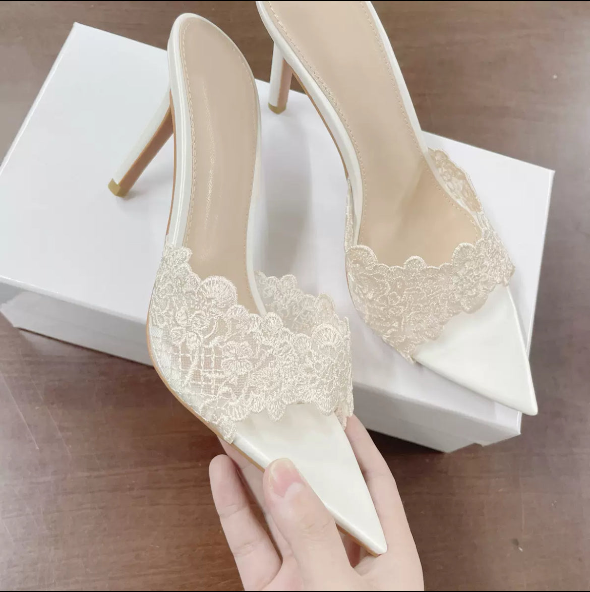 White lace heels