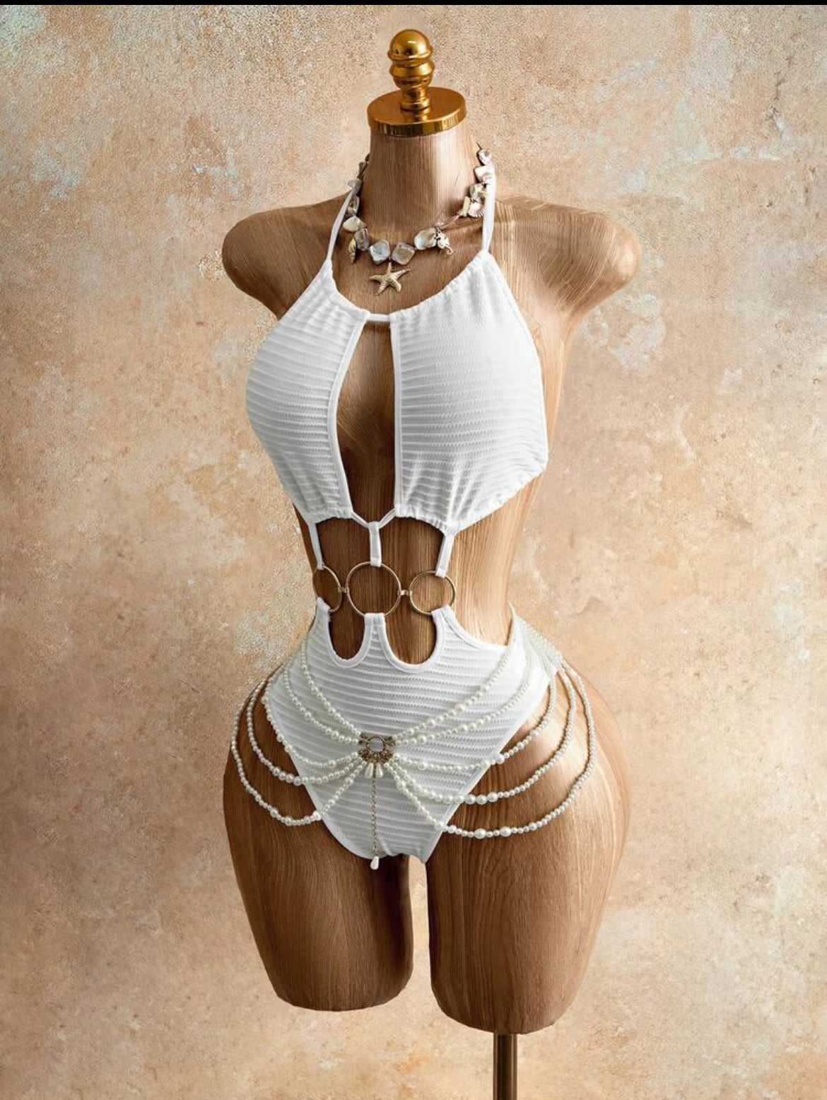 Pearl Drape Ribbed White Monokini