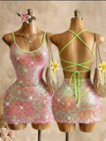 Pink iridescent sequin lace-up back mini dress