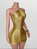Gold shimmer asymmetric halter mini dress