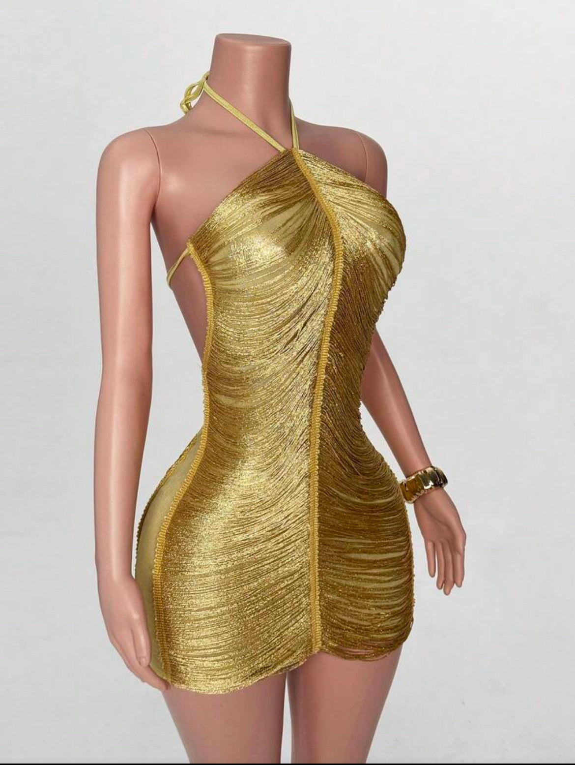 Gold shimmer asymmetric halter mini dress