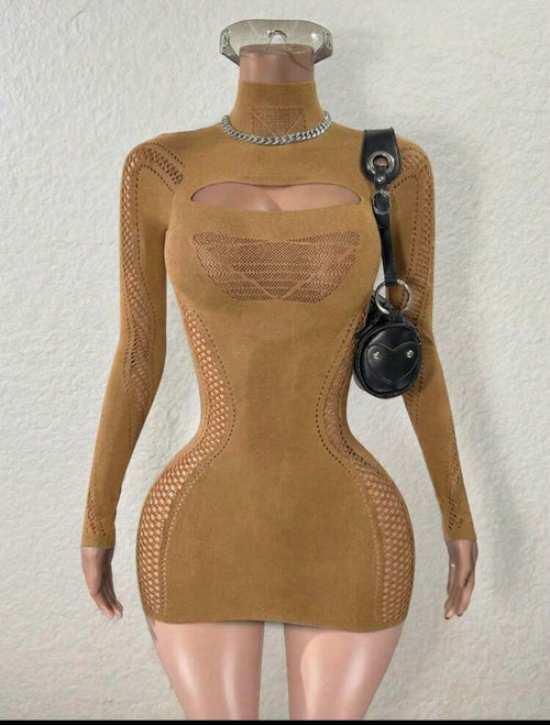 Camel knit cutout mock neck mini dress