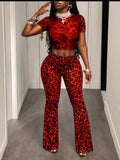 Red leopard crop top and flare pants set