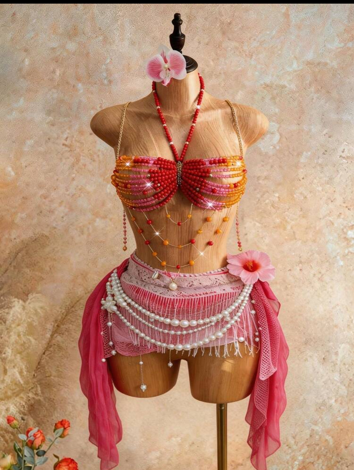 Pink and orange beaded beach set