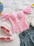 Pink off-shoulder floral lace corset top