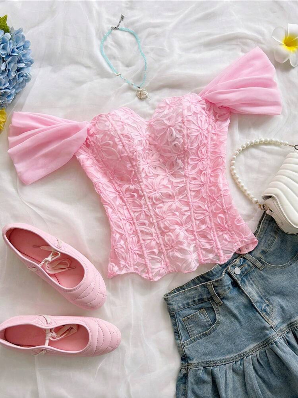 Pink off-shoulder floral lace corset top