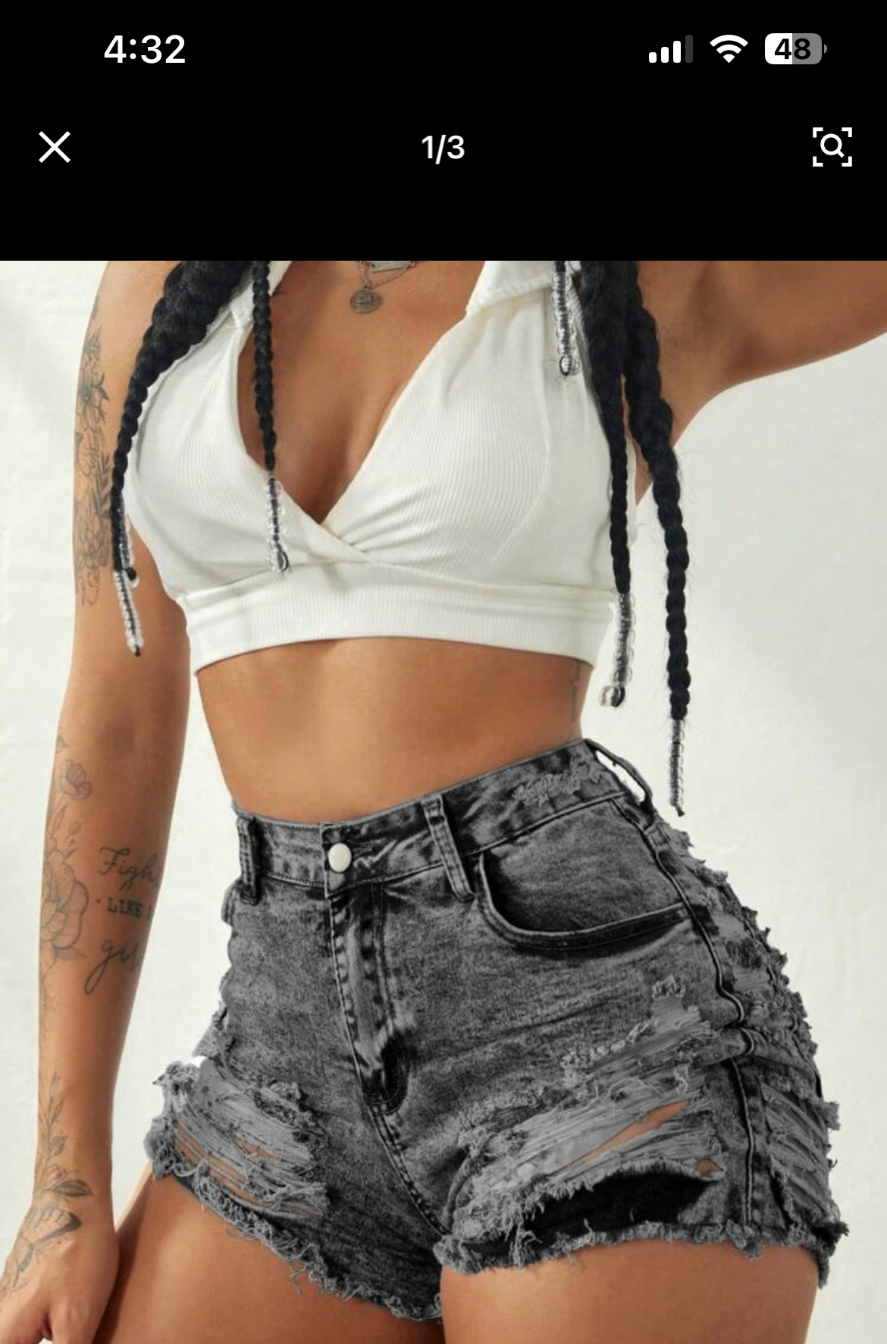Black distressed denim shorts