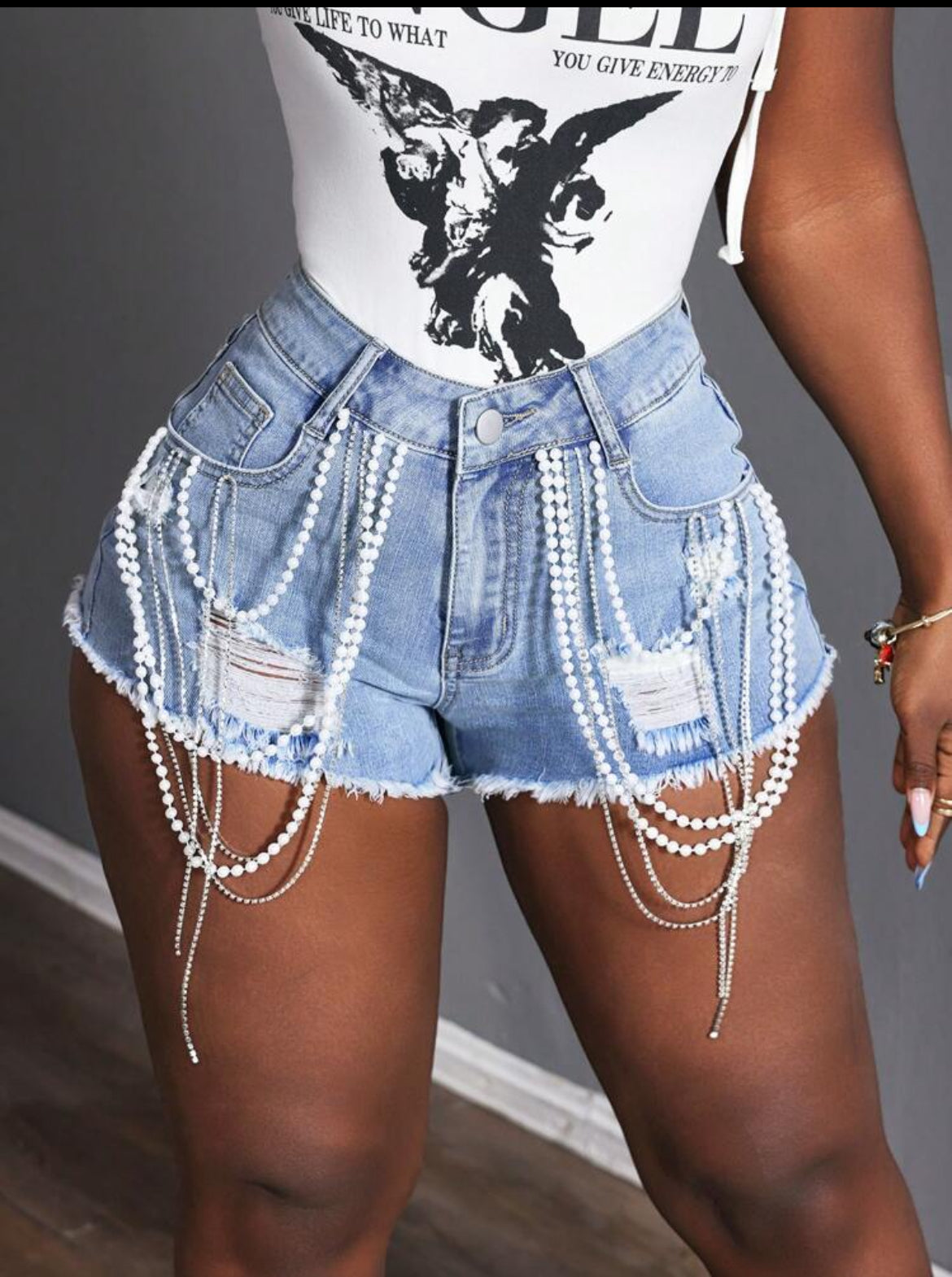 Pearl chain distressed denim shorts