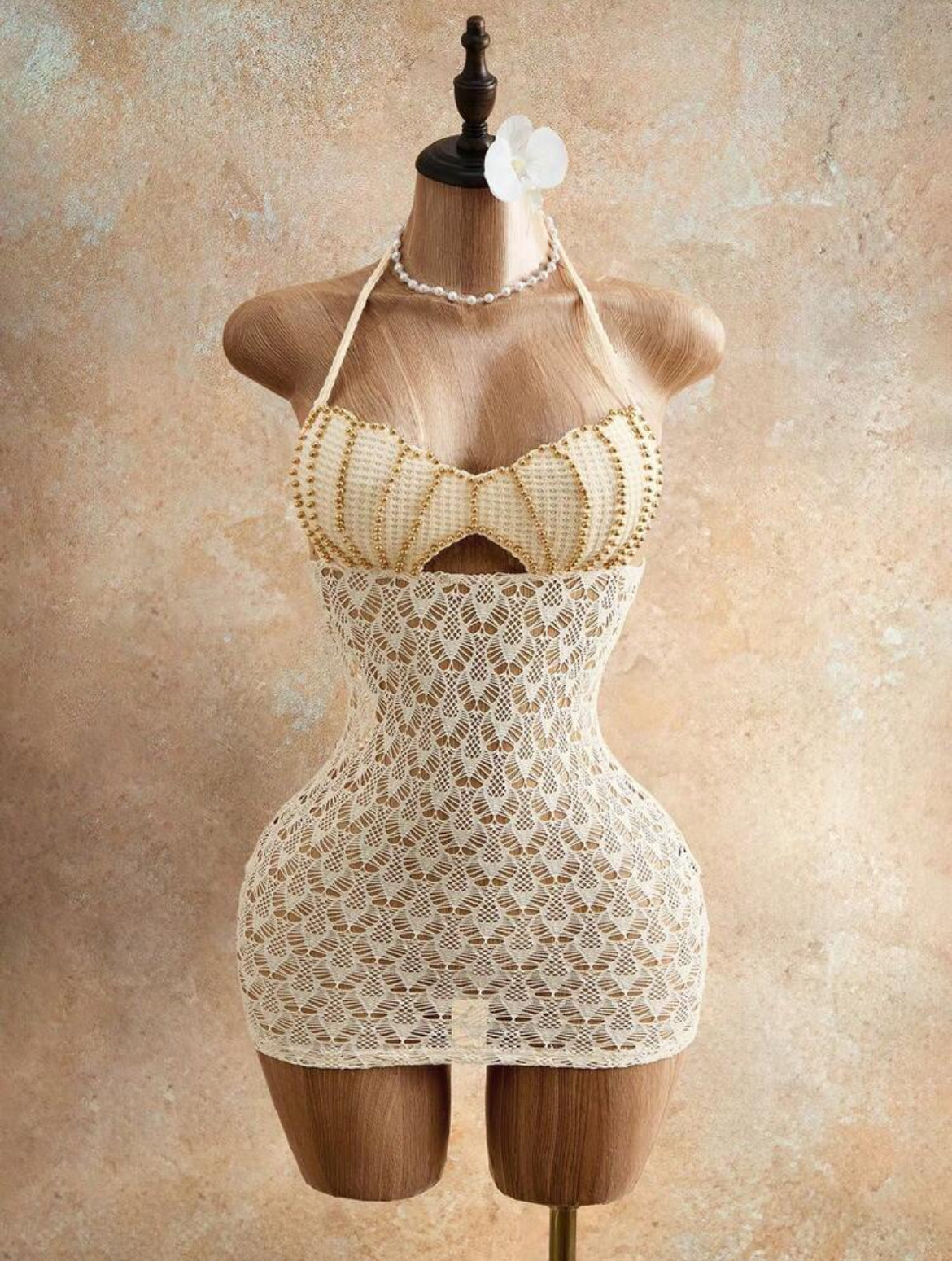Ivory beaded crochet lace mini dress