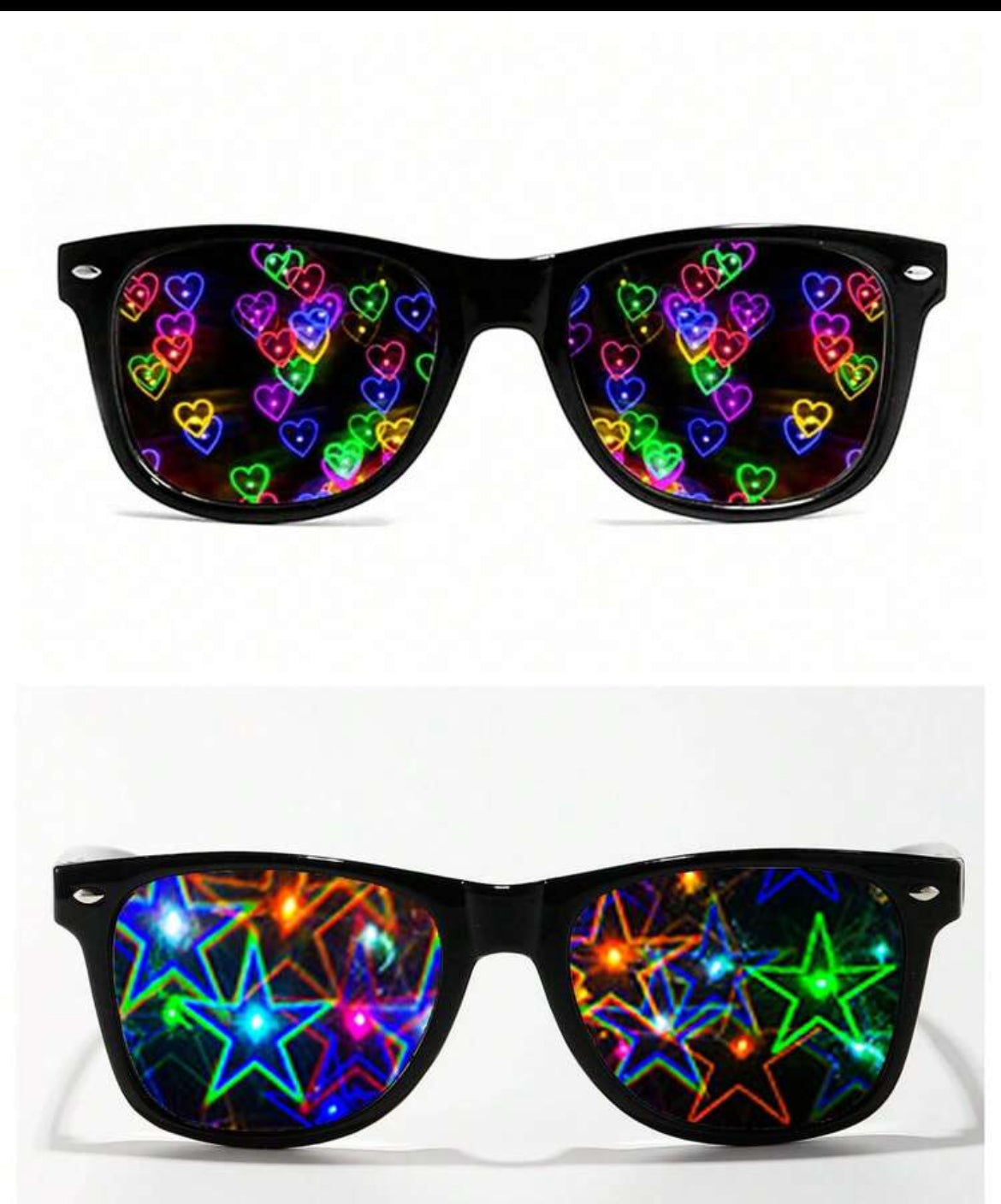 Diffraction rave glasses with heart and star effects