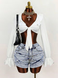 White ruffle tie-front crop blouse